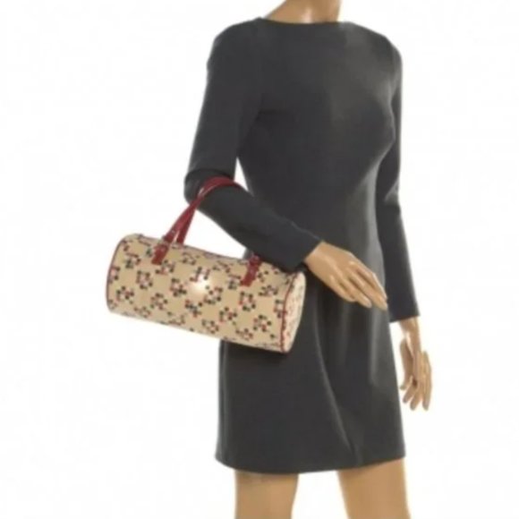 Burberry red leather trim dots barrel Boston bag - Picture 3 of 7